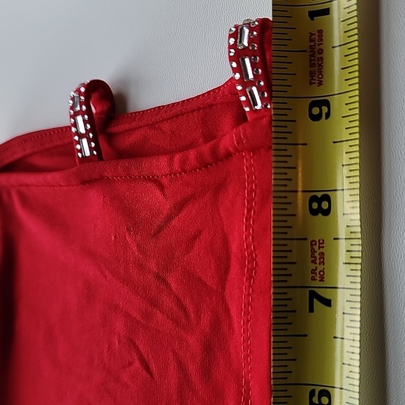 Cato dress 26/28W red midi 3/4 sleeves open w adorned strips lined body - Picture 8 of 10